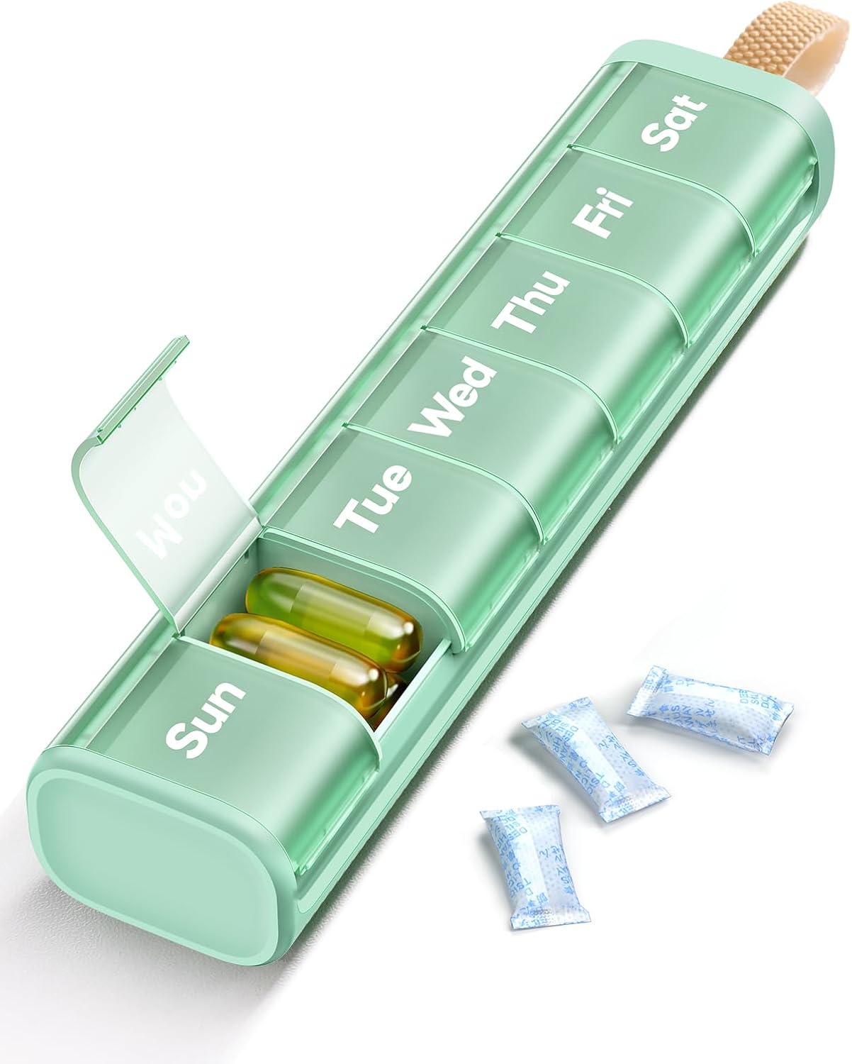 Weekly Medicine Pill Organizer, 7 Day Daily Pill Box Case Travel with Portable Handle, Moisture-Proof Desiccant & Secure Hinges for Vitamins, Medication Supplements