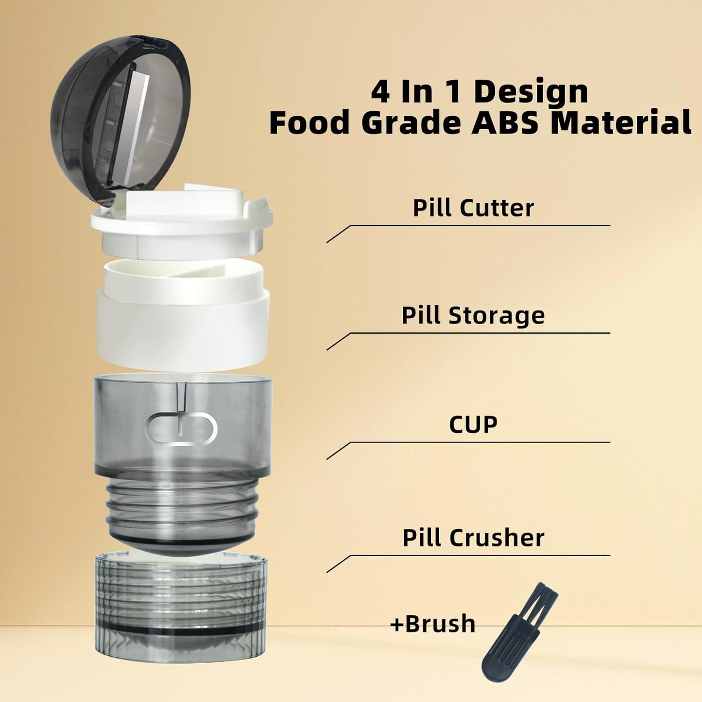 4-in-1 Pill Crusher and Pill Cutter,Pill Crusher Fine Powder,Pill Cutter for Small or Large Pills,Vitamins, Tablets, Stainless Steel Blade, Removable Drinking Cup