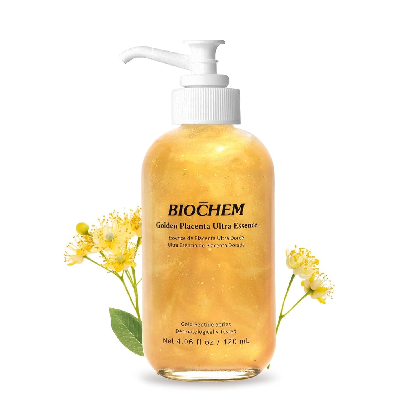 BIOCHEM Golden Placenta Ultra Essence - Placenta Face Serum with Gold Foil, Anti-aging, Hydrating, Firming, Wrinkles, Fine Lines and Skin Tone, Gentle Skincare for Fragrance-Free(4.06 fl. oz / 120 mL)