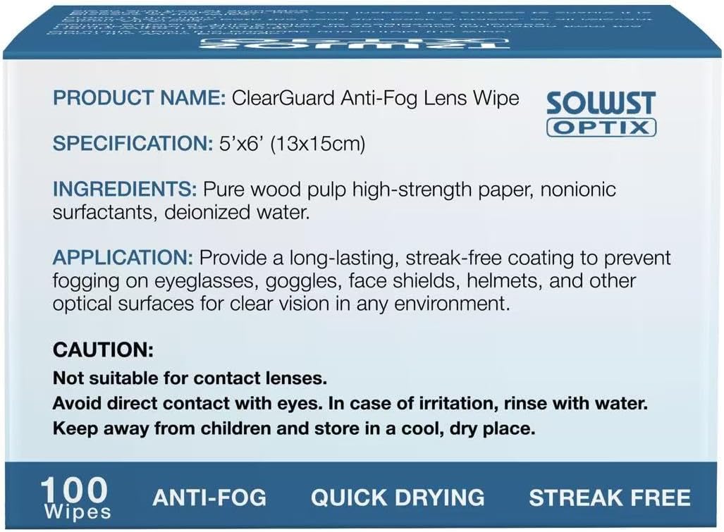 Optix Clear Guard Anti Fog Lens Wipes - 100 Pre-Moistened, Individually Wrapped Wipes for Eyeglasses, Camera Lenses, Sunglasses, Face Shields, Visors, Goggles, and Other Surfaces