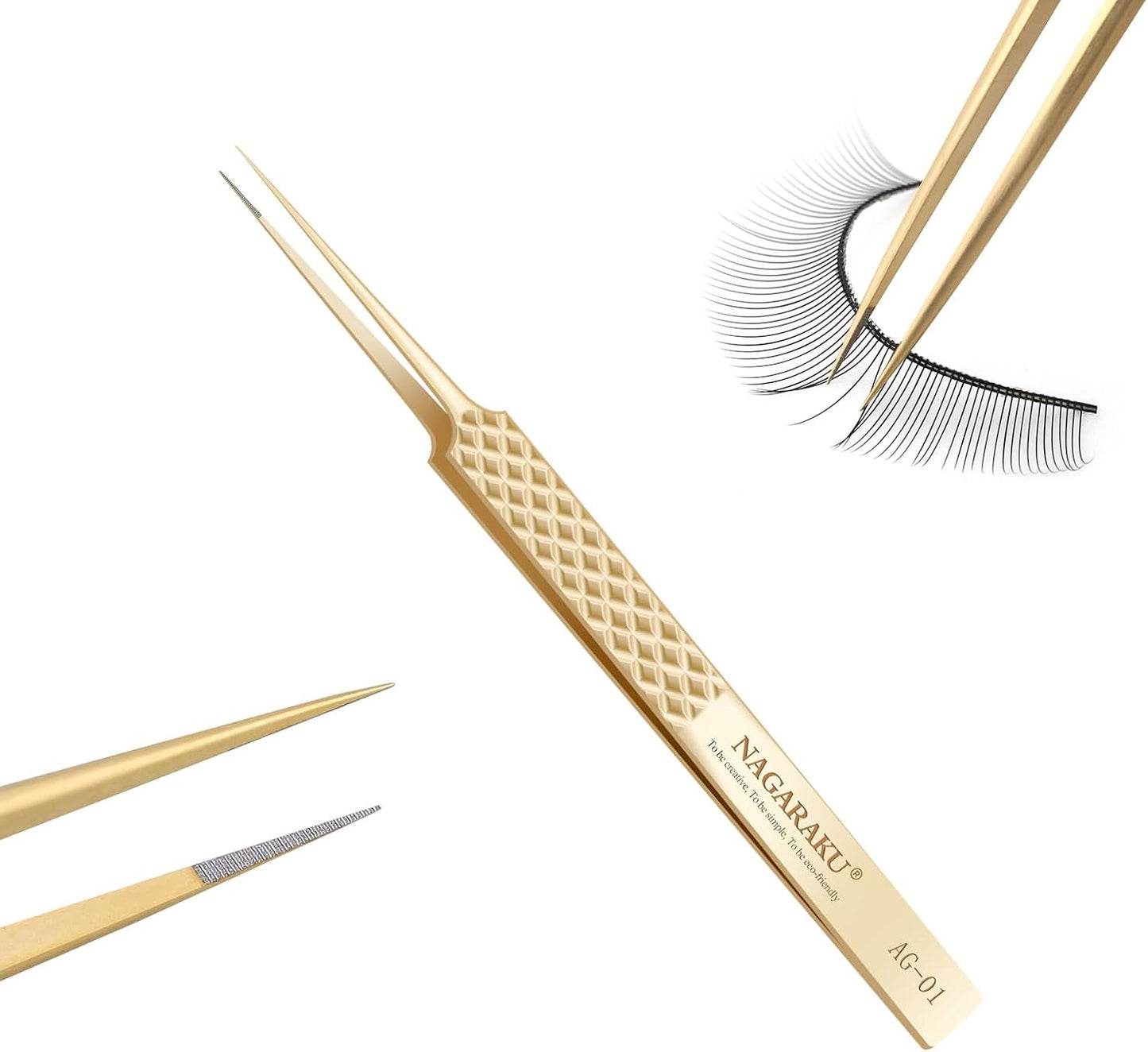 NAGARAKU Precision Fiber Tip Tweezer for Eyelash Extensions Diamond Handle 5cm Slim Tweezers Tip Anti-Static Anti-Slip Stainless Steel Pointed Separate Eyelashes Straight Tweezers with Box(AG-01)