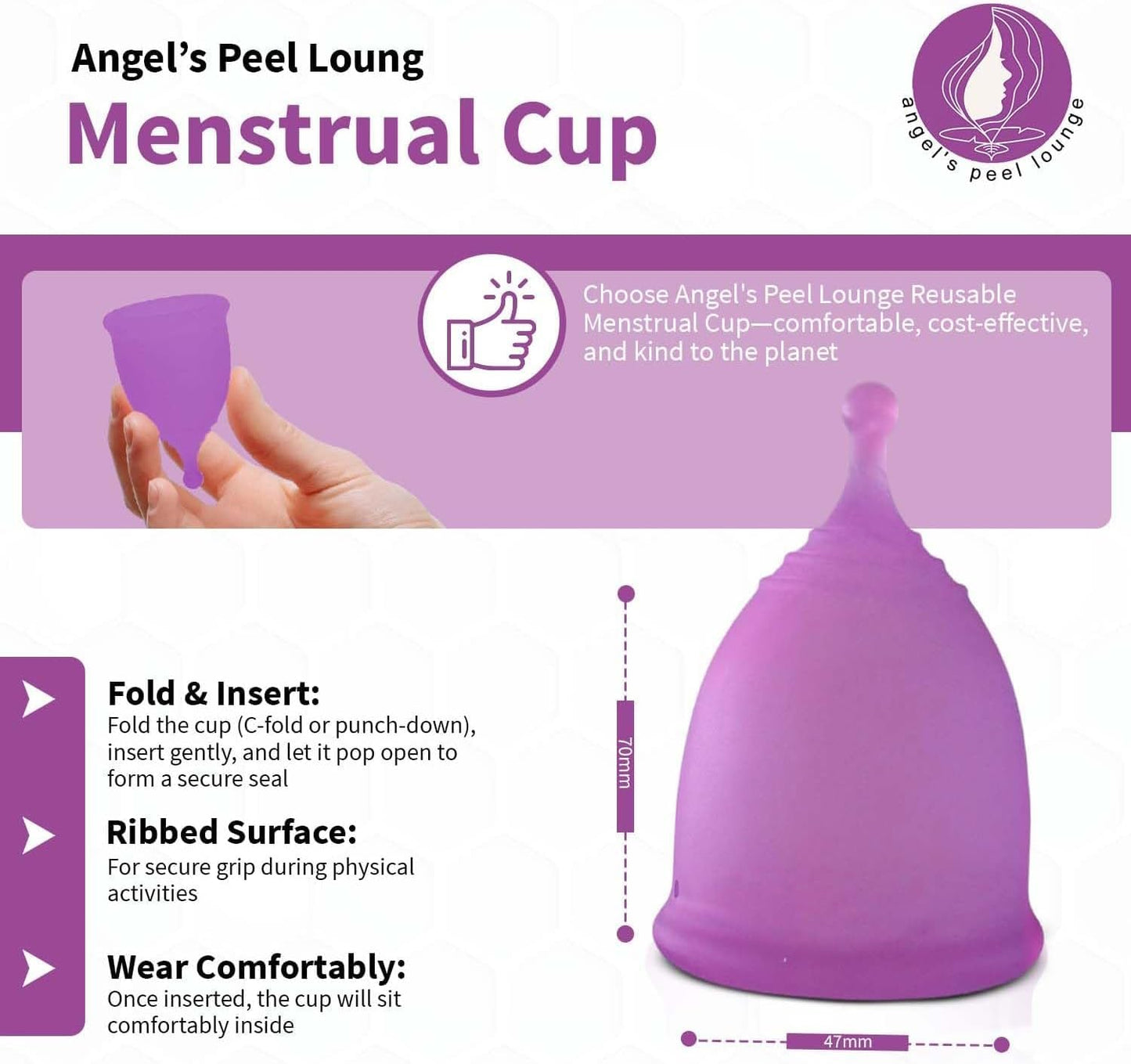 Angel's Peel Lounge Menstrual Cup for Women - 100% Medical-Grade Leak-Free Soft & Flexible Silicone Cup - 12 Hour Leak Protection Eco-Friendly & Reusable Period Cups for Women - Purple - Extra Small