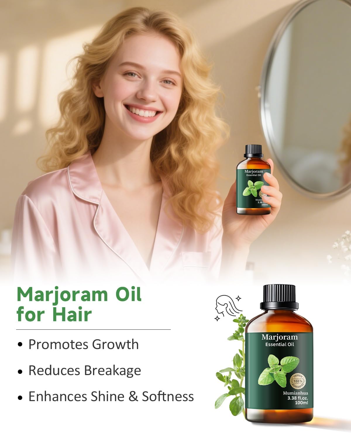 Mumianhua Marjoram Essential Oil 100% Pure Therapeutic Grade Natural Marjoram Oil for Diffuser, Post-Workout Massage Humidifier & Air Purifier | Herbal Essence for Skin Care, DIY Blends 3.38 Fl Oz