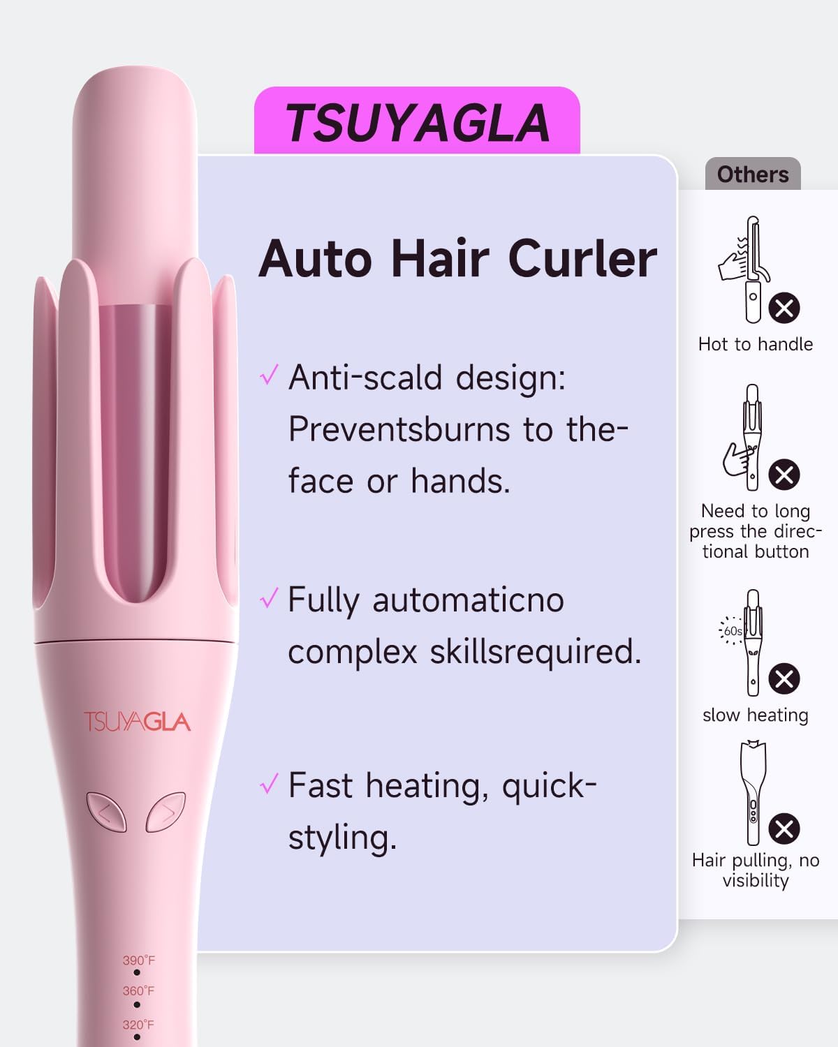 Automatic Curling Iron,1 1/4 Hair Curler with 3 Temperatures, 10S Fast Heating, 2-Way Rotation, 30 Min Auto Shut-Off, 500 Million Ionic, Anti-Scald-Tangle for Long Hair