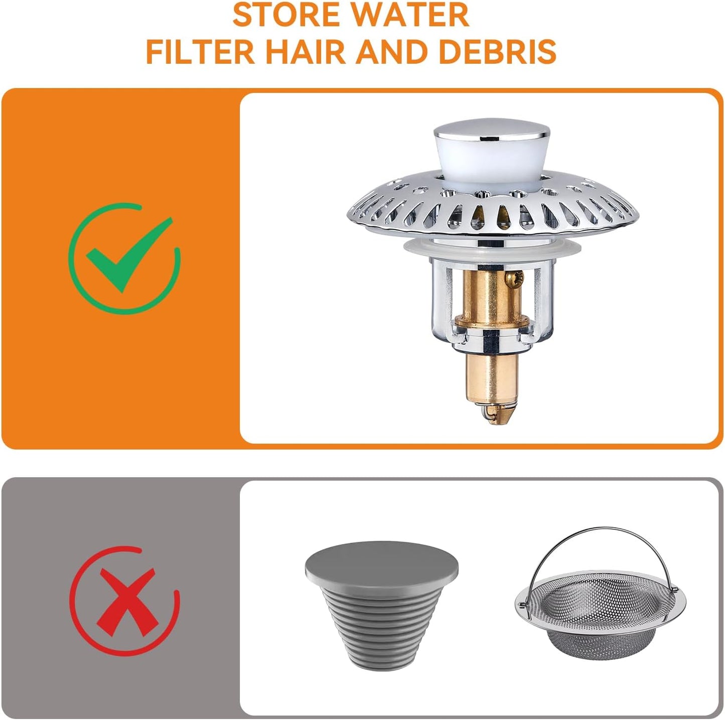 Bathroom Sink Stopper for 1.06"-1.65" Drain Holes, 2 in 1 Bath Sink Drain Strainer Stopper, Pop Up Drain Cover Plug with Hair Catcher, Stainless Steel (Chrome Silver-2p)