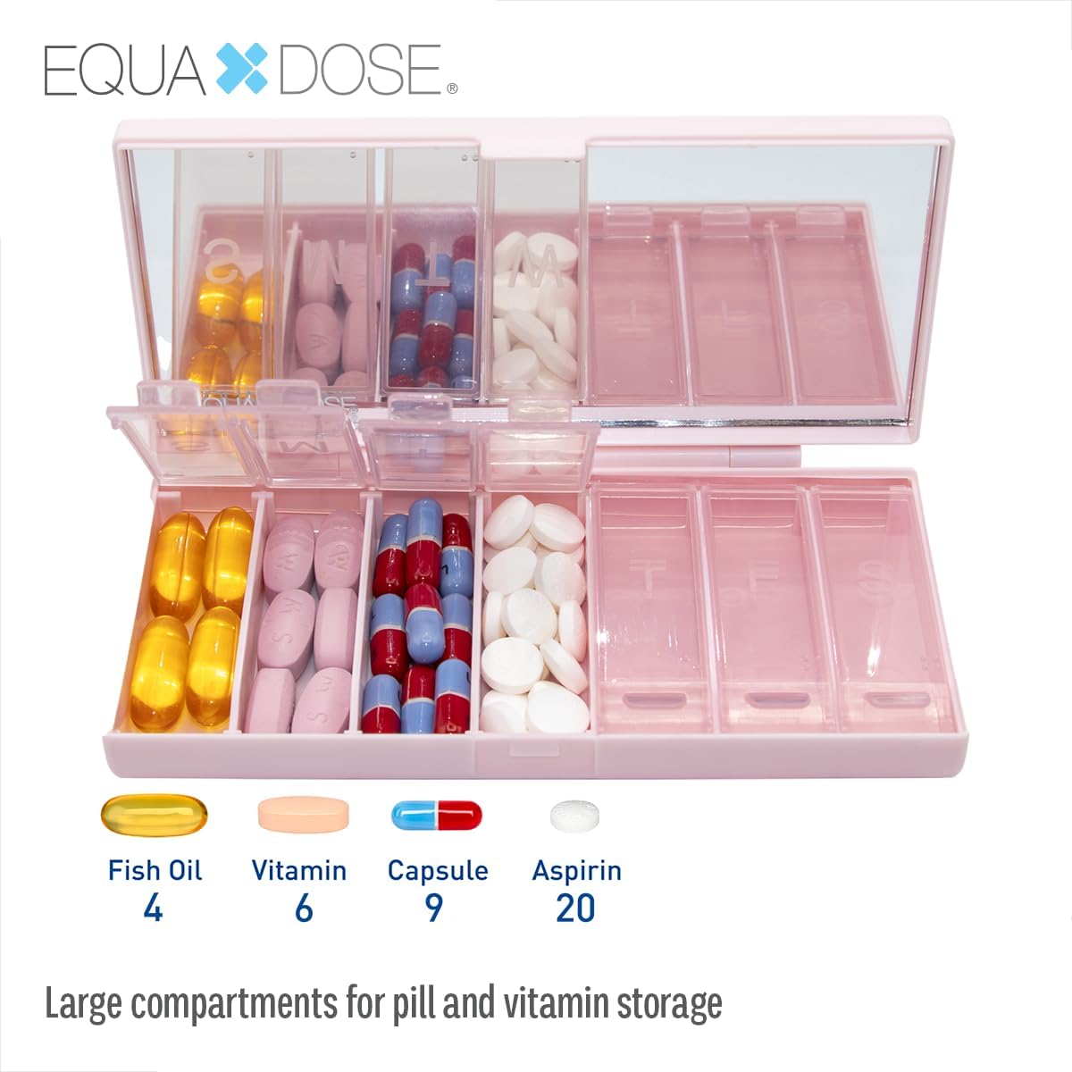 EQUADOSE Weekly Pill Case, 7-Day Medicine Organizer with Mirror, Compact, Stylish and Elegant, Pill Planner, 7 Individual Compartments for Supplements, Tablets, Vitamins, and Medications, Pink