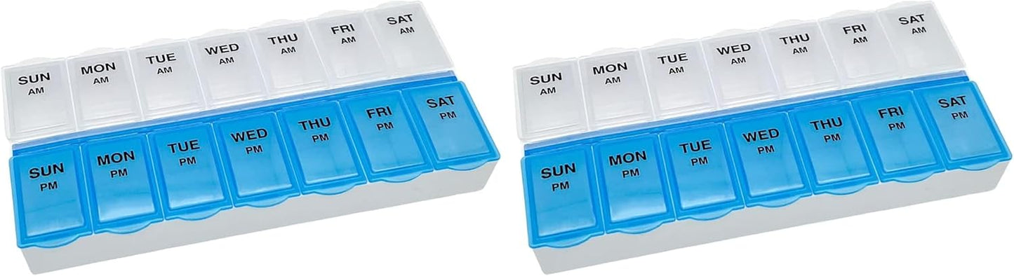 Amazon Basic Care (7-Day) AM/PM Pill Organizer, Vitamin Case, and Medicine Box, Large Compartments, 2 Times a Day, Blue and Clear Lids (Pack of 2)