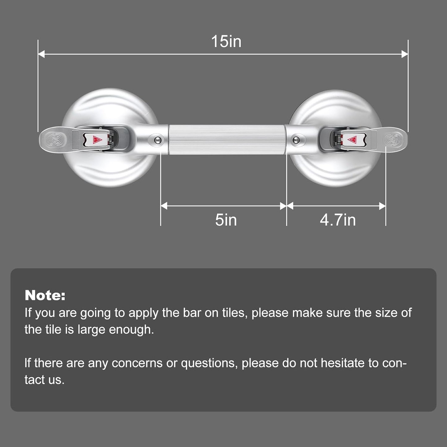 15-Inch Shower Handle - Upgraded Grab Bar with Strong Suction Cups for Bathtub & Shower Safety, Ideal for Seniors, Elderly, Disabled -Silver