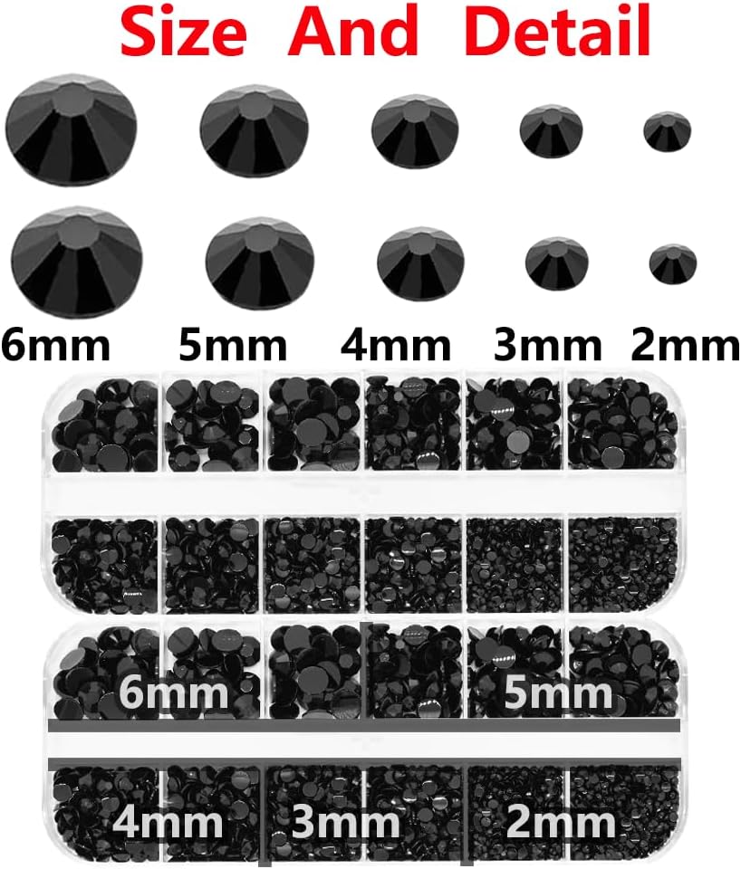 Black Rhinestones for Bedazzling with B7000 Glue, 2mm 3mm 4mm 5mm 6mm (SS8-SS30) Non-Hotfix Flatback Black Diamonds Kit, Nail Crystals Gems Beads for Bedazzling Crafts,DIY Art, Makeup Decoration