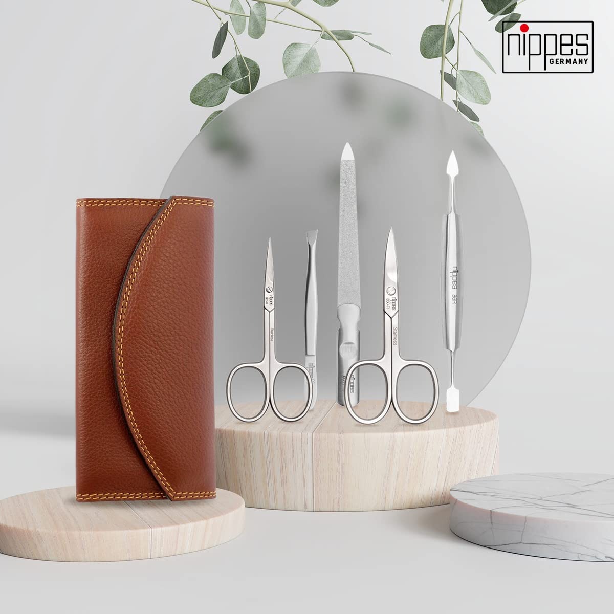 Nippes Solingen Manicure Set, 5-Piece, Stainless Steel and Nickel Free, Genuine Brown Cowhide Leather Case Made In Soligen Germany