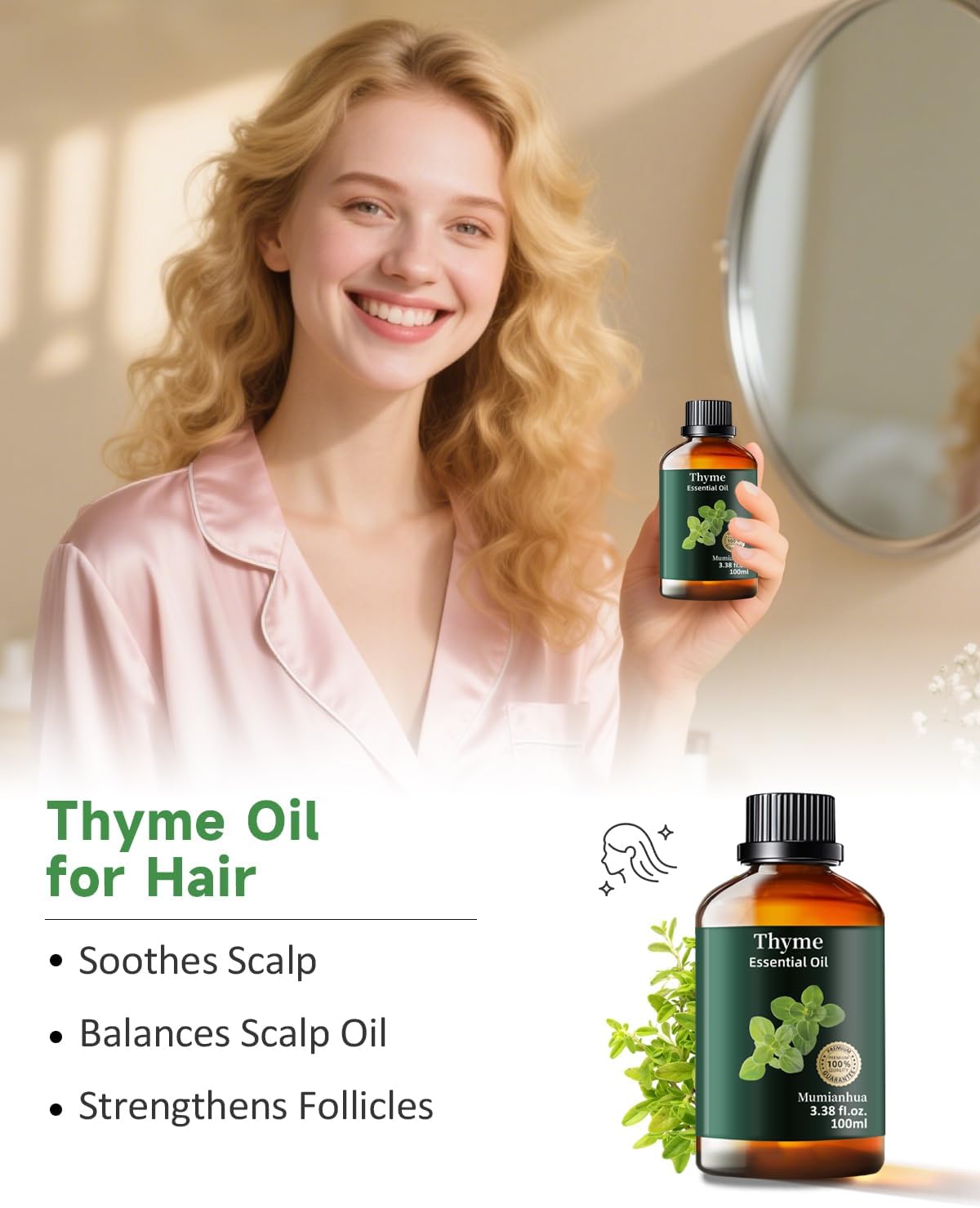 Thyme Essential Oil Pure, Mumianhua Natural Thyme Oil, Therapeutic Grade Aromatherapy Oil for Diffuser, Hair Care, Skin, Massage, Soap,Candle Making, Scent DIY 3.38 Fl Oz