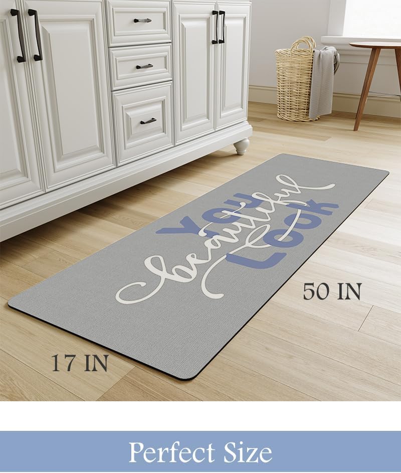 MontVoo-Bath Mat Rug Long Non Slip Super Absorbent Bathroom Runner Stain Resistant Quick Dry Thin Bathroom Mat Fit Under Door-17"x59",Blue-Look
