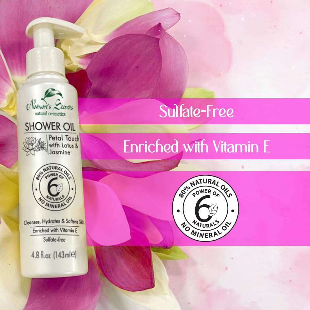 Sweet Almond Cleansing & Softening Shower Oil. Oil-to-Milky Lather. Sulfate-Free. With Jasmine & Lotus. No Mineral Oil. For Dry & Extra Dry Skin. For Softer, Smoother & Nourished Skin.