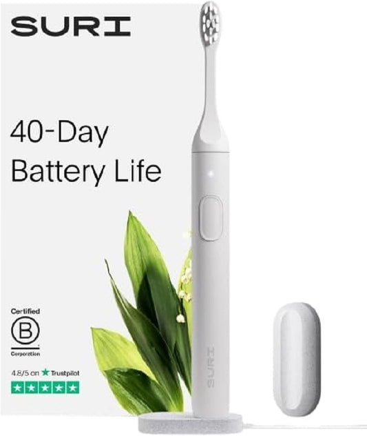 SURI 1.0 Sonic Electric Toothbrush | 40+Day Battery | Designed in California | Sustainable Electric Toothbrush for Adults | Travel Toothbrushes | Tooth Brush | White