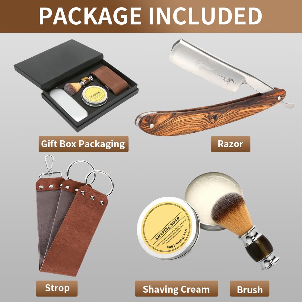 Straight Razor Kit Wooden Handle Shave Ready for Men Barber,Straight Edge Razor Professional Carbon Steel Sharp Shaver with Shaving Strop Brush Shaving Cream for Men Home &Grooming Using