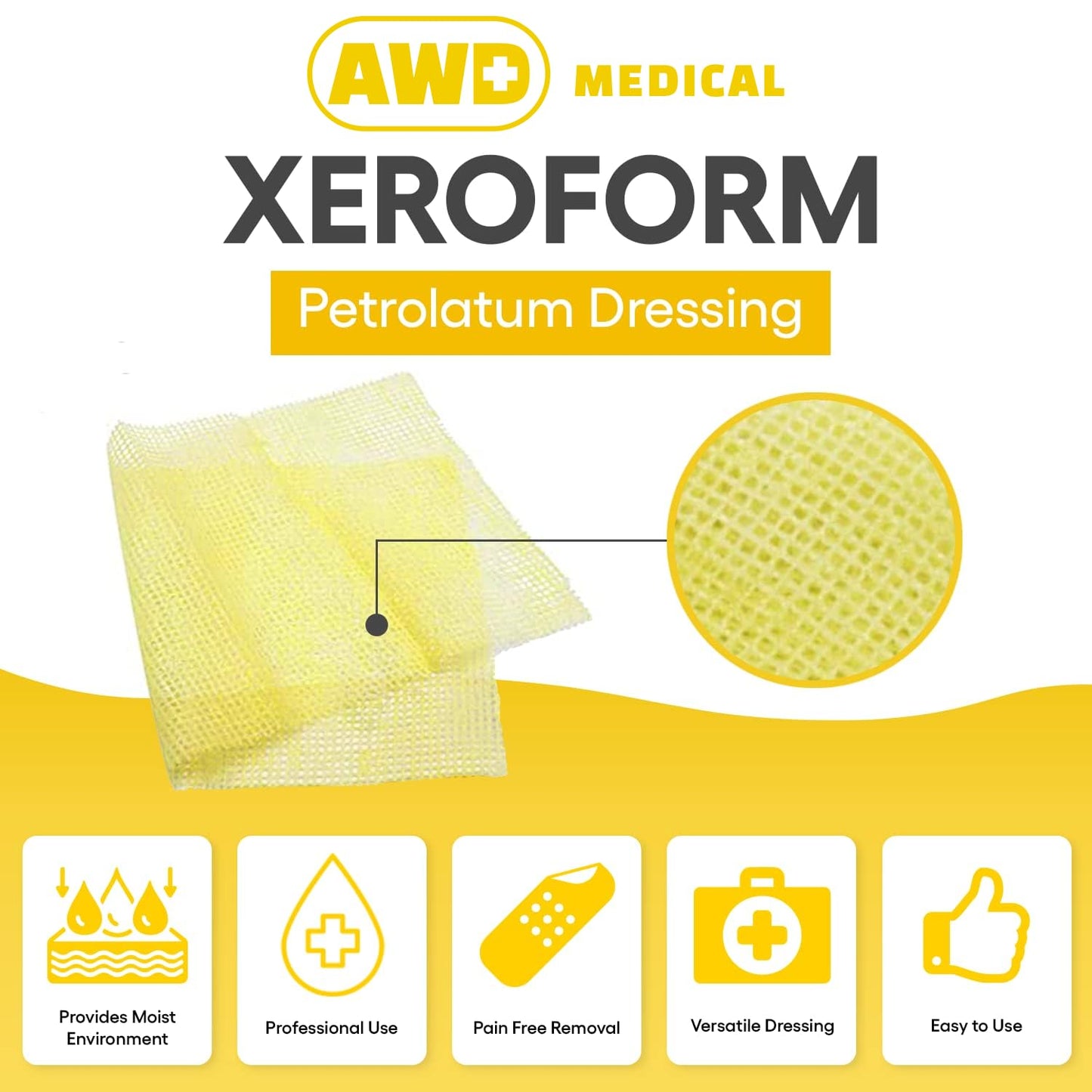 AWD Medical Xeroform Petrolatum Dressing 5x9 - Non-Adhering Gauze Pads - Fine Mesh Gauze Patch Sterile - Healthcare Supplies for Wound Care, Burns, Lacerations, & Skin Grafts Aide (Box of 25, 5"x9")