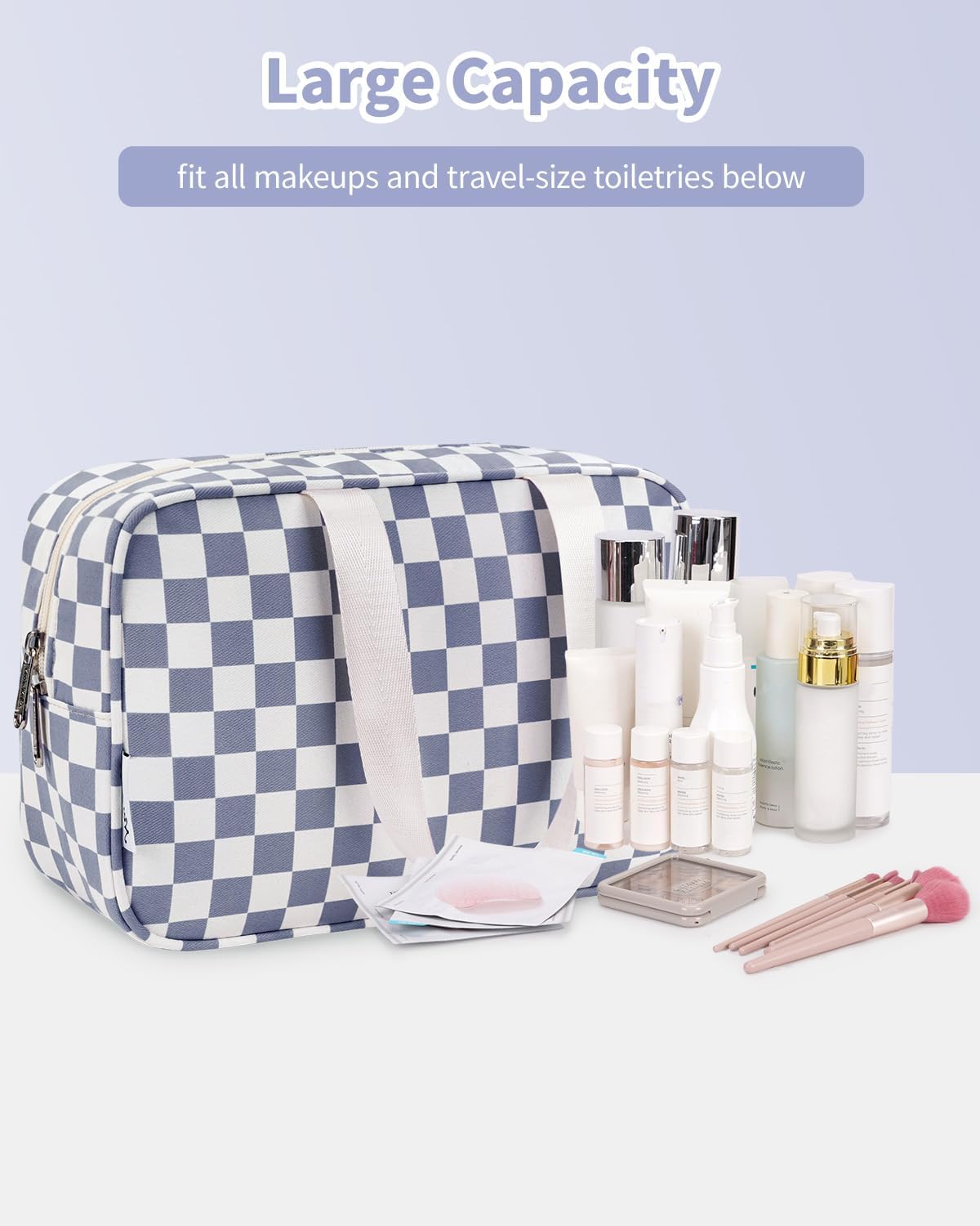 Narwey Large Toiletry Bag Women Large Cosmetic Bag Travel Makeup Bag Organizer Medicine Bag for Toiletries Essentials Accessories (Grayish Blue Checkerboard)
