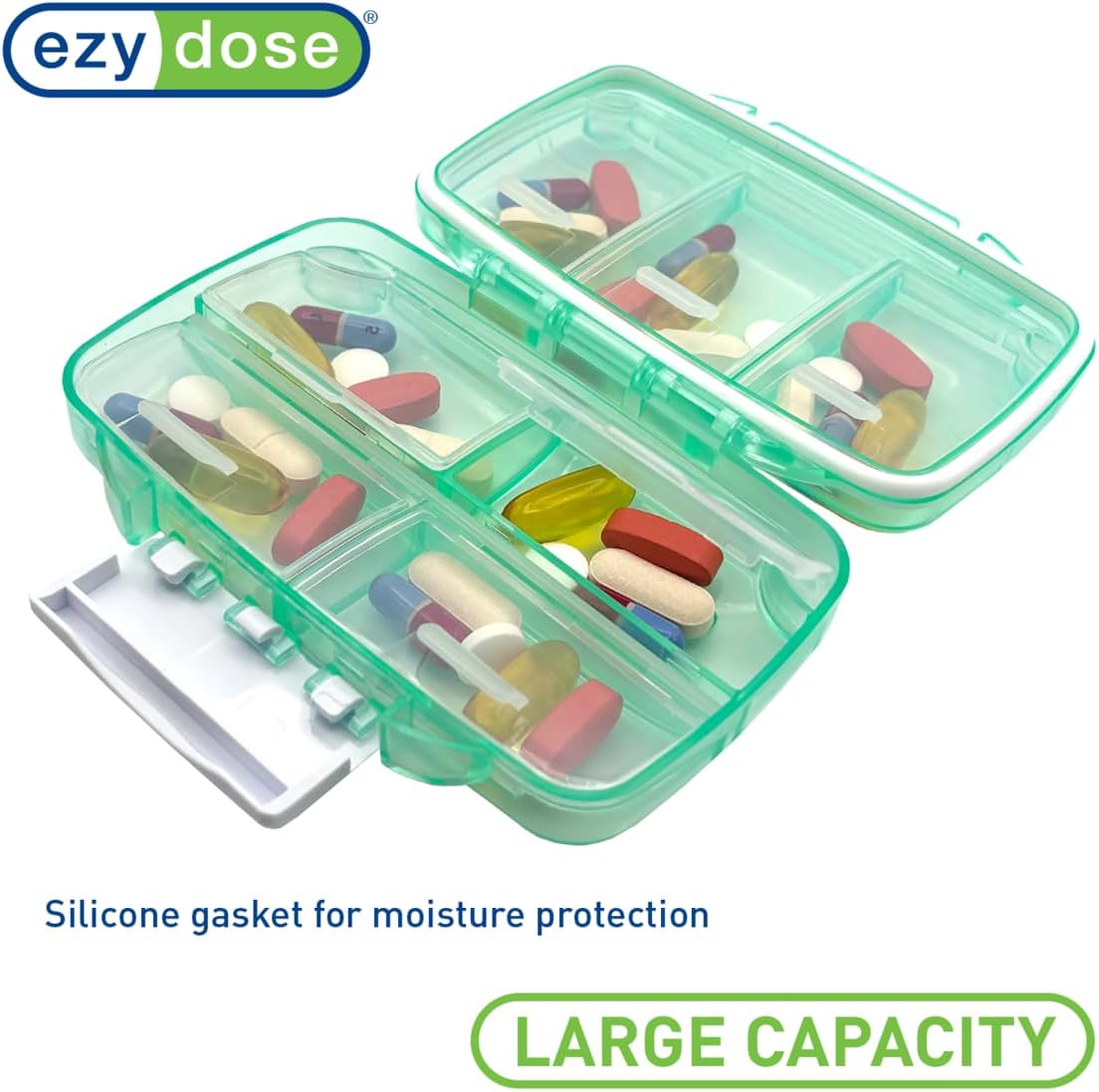 EZY DOSE Moisture-Proof Pill Case, Medicine Planner, Vitamin Organizer Box, Travel-Friendly, Latch-Closure to Secure Contents, 7 Individual Compartments Multiple Sizes with Tight Seal, Medium, Green