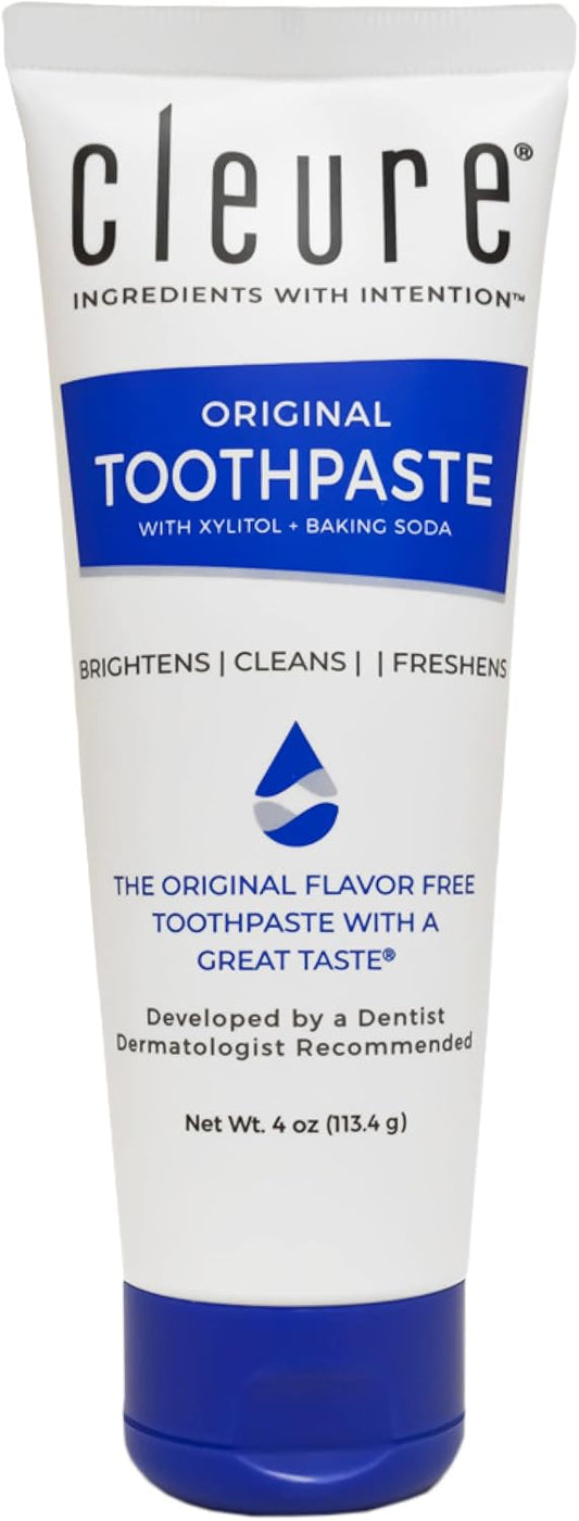 Cleure Original No Fluoride Toothpaste - SLS Free, Mint Free - with Xylitol for Fresh Breath & Helps Whiten - for Kids & Adults - Flavor Free (4oz Tube)