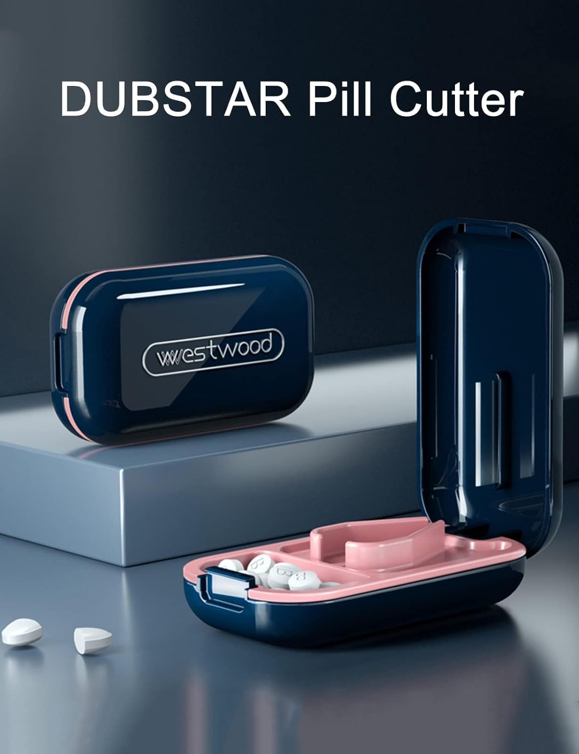 DUBSTAR Small Pill Cutter, Pill Cutter Splitter for Small and Tiny Pills, Portable Pretty Pill Cutters for Large Pills, Cuts Vitamins Tablets for Purse Pocket (Pill Cutter, Blue)