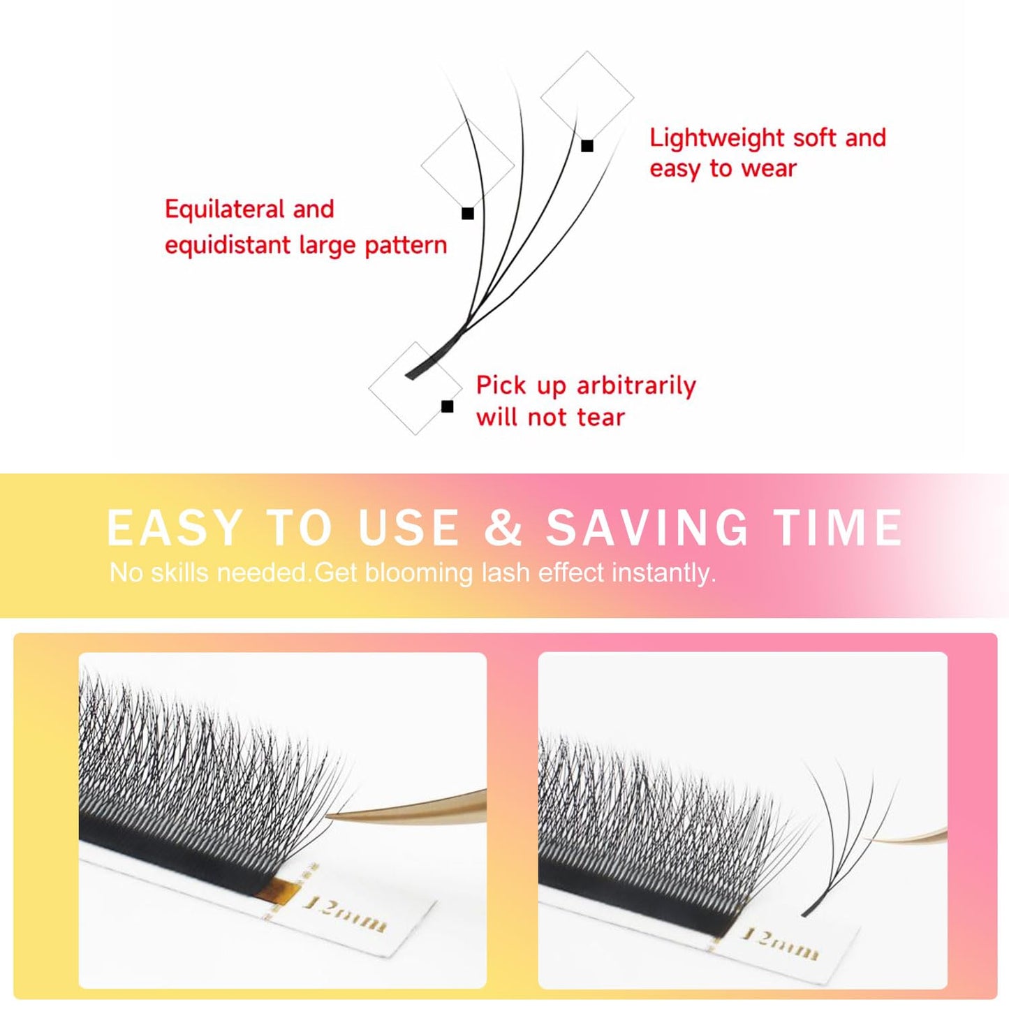 W Lash Extensions Supplies 4D Eyelash Extensions W Shape 0.07mm Thickness C Curl 10mm Premade Fans Easy Fan Lashes Volume Matte Black 12 Rows Crisscross Eye Lashes(W-4D-0.07-C,10mm)