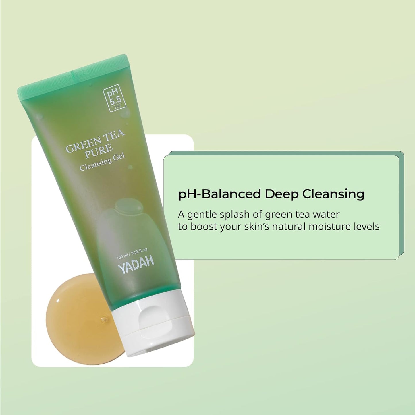 YADAH Green Tea Pure Cleansing Gel, 3.4 Fl Oz - pH Balanced Foaming Gel Cleanser Formulated with Natural Ingredients for Double Cleanse with Vegan Formula for Smooth, Gentle Face Wash