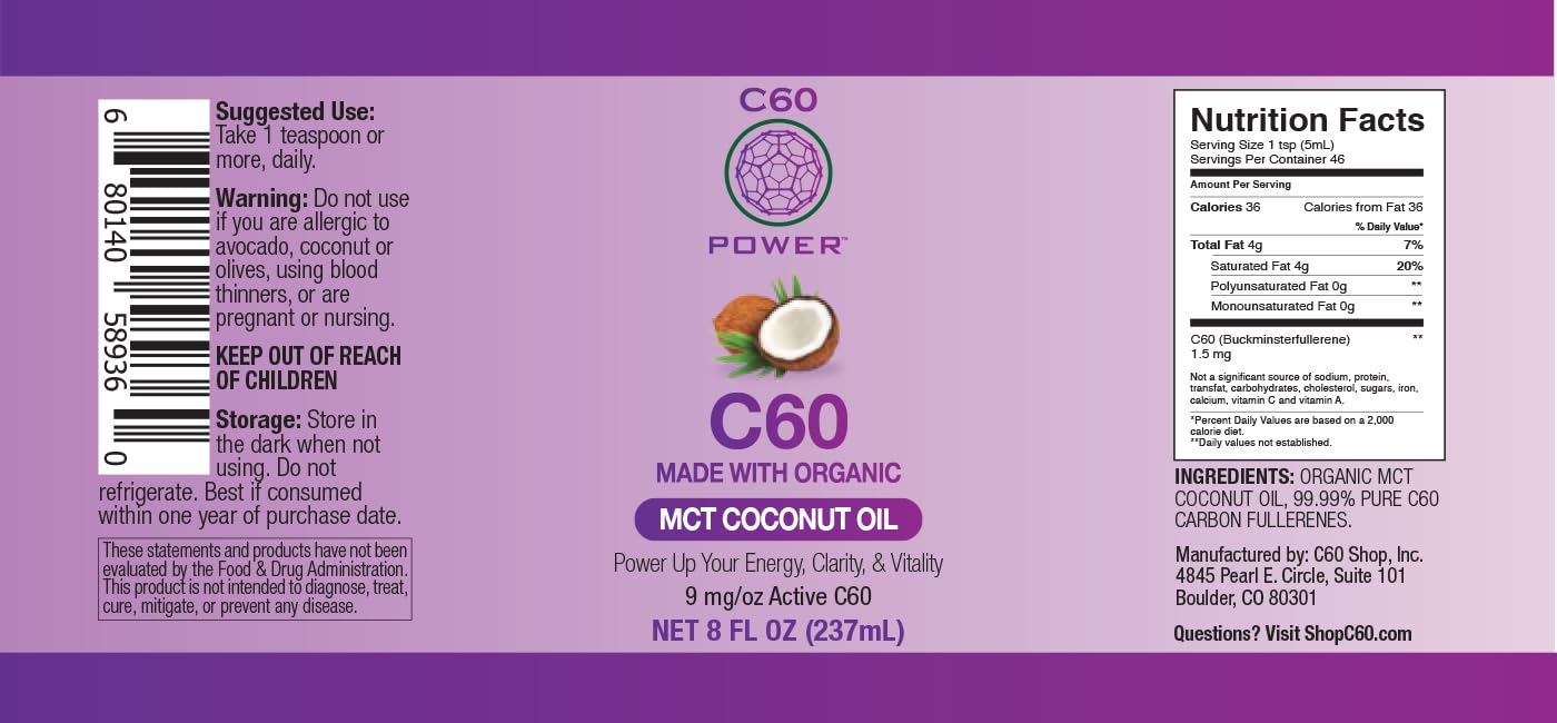 C60 Power - MCT 8-oz.- Organic MCT Coconut Oil, 8 Fl Oz, 99.99% Pure Carbon Fullerenes, Lift Oxidative Burden, Optimize Mitochondrial Function