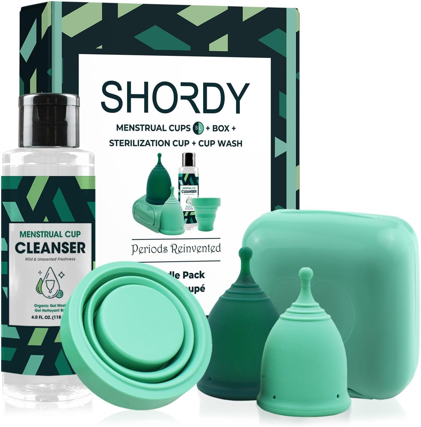 SHORDY Menstrual Cup Beginners Kit, Menstrual Cup PH Balanced Gel Cleaner Wash, Collapsible Sterilizer Cup and Silicone Period Cups (Small & Large), an Alternative to Tampons, Pads and Disc for Women