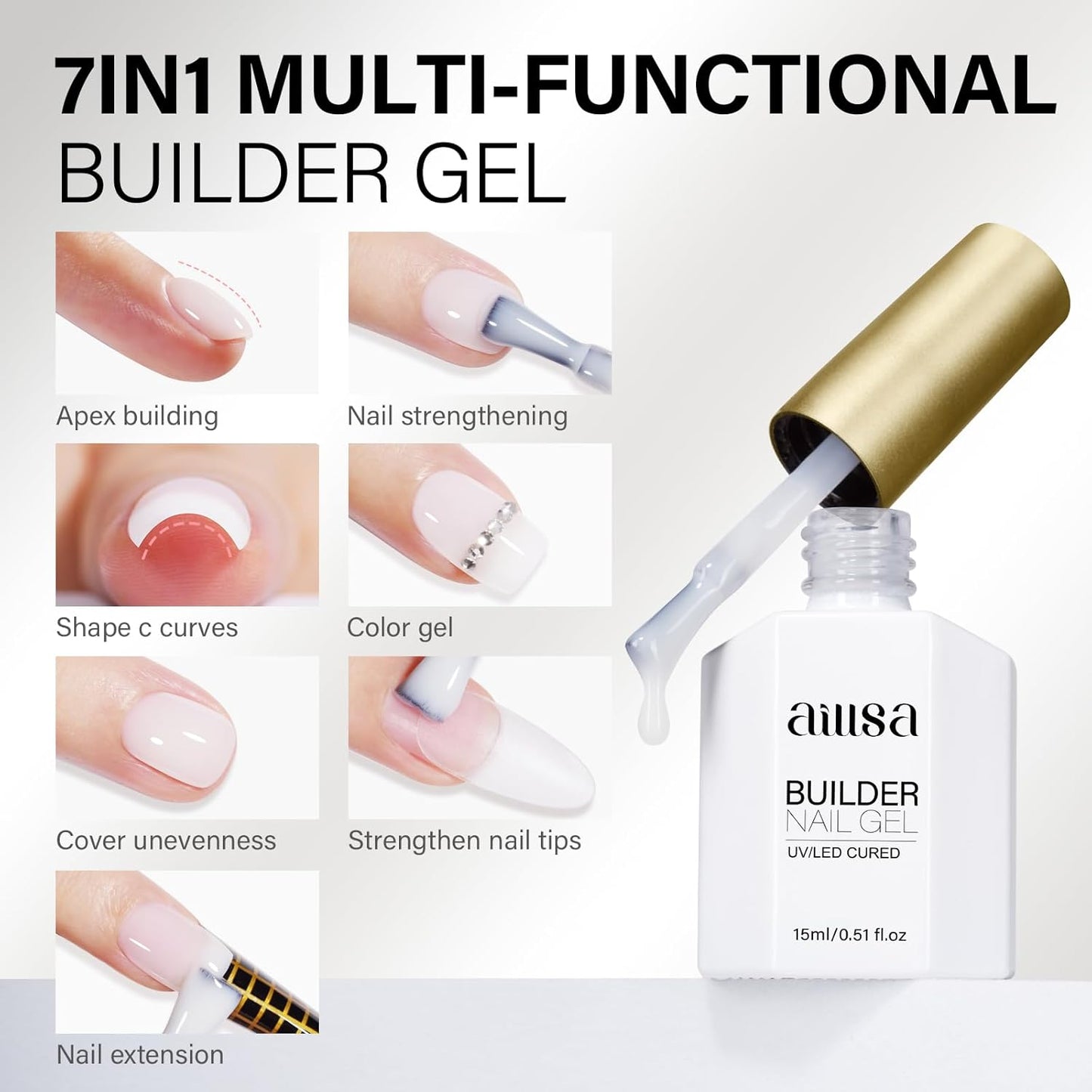 AILLSA Builder Gel for Nails Yogurt White 7 In 1 Hard Gel Polish for Nail Thickening Nude Milky Extension U V Gels Natural Color Strengthener Gels Nails Polish for Nail Art Base Coat Need 0.51 Oz GB07