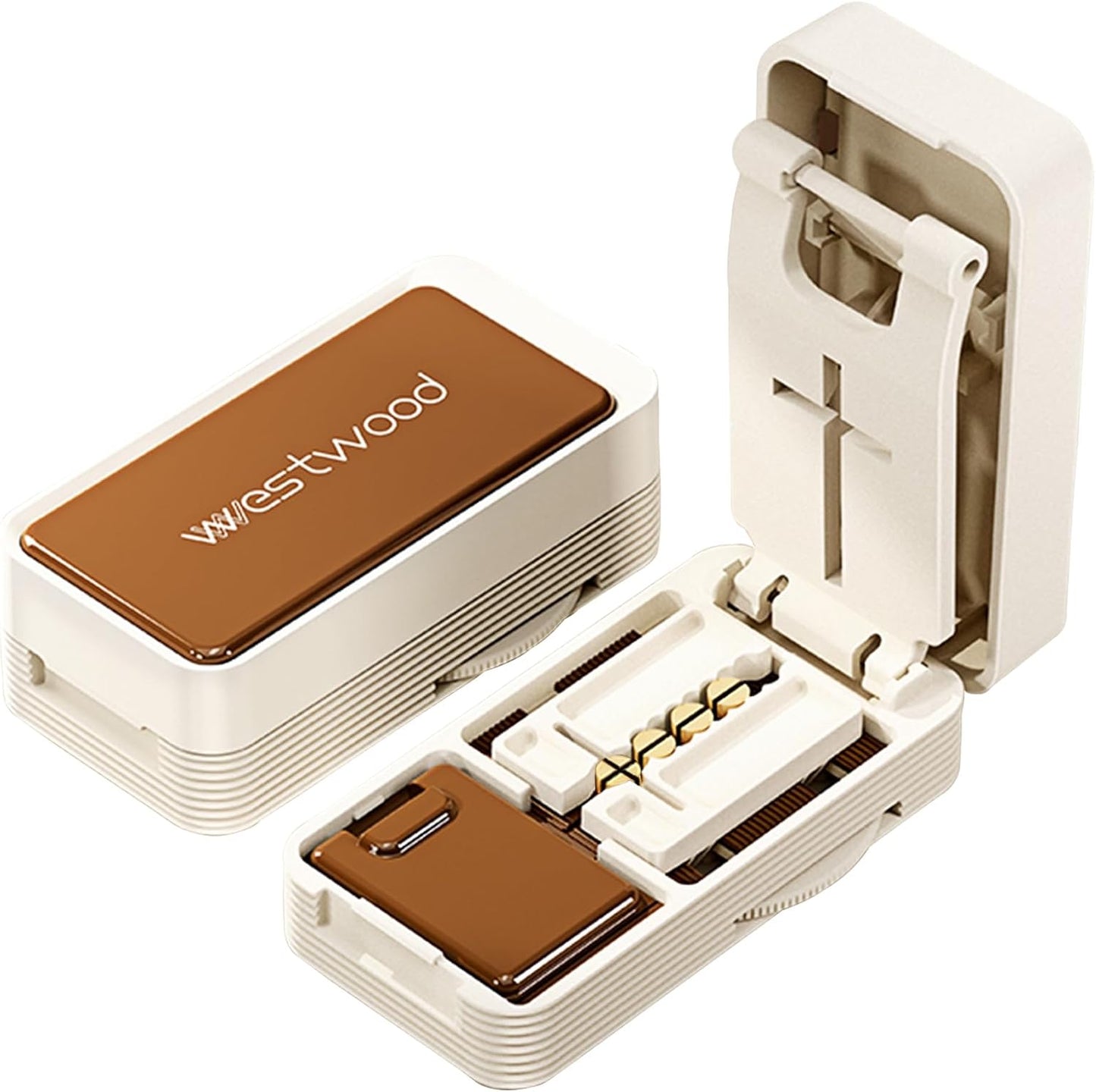 Pill Cutter - 1/4 & 1/2 Pill Splitter for Small Tiny Large Pills Professional | Hidden Blade & Sealed Storage | Adjustable & Cuts Multiple Tablets | Includes Cleaning Brush (Brown)