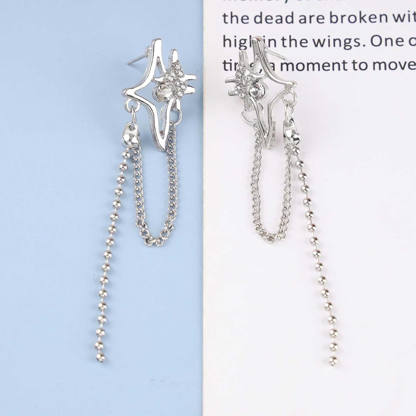 Vintage Crystal Northstar+Chain Drop Earrings Silver Tassel Chain Earrings Rhinestone Northstar Stud Earrings Long Beaded Chain Tassel Earrings Jewelry for Women