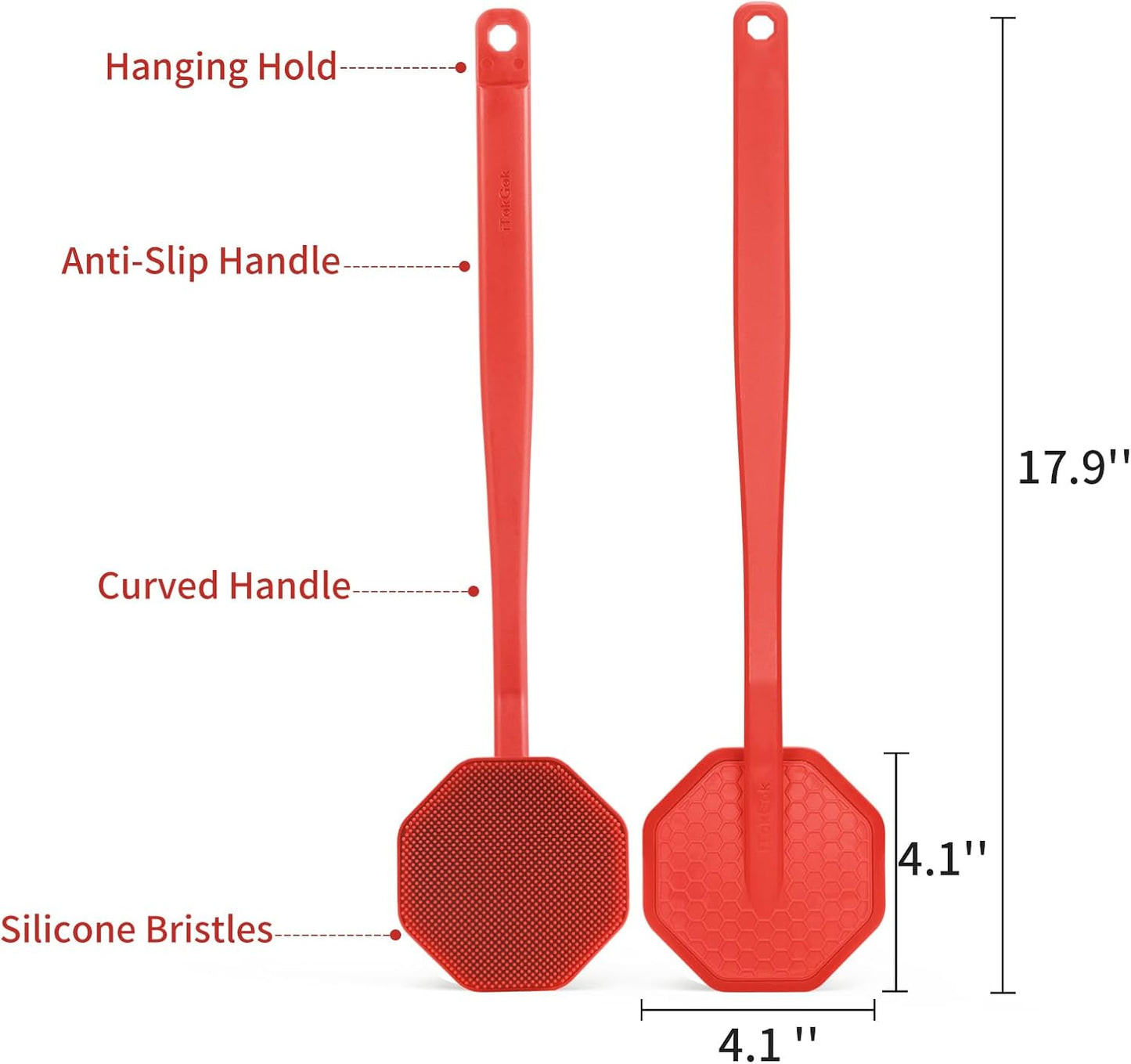 Silver-Infused Silicone Back Scrubber with Long Handle Back Brush for Shower,Back Scrubber Body Exfoliator Scrubber for All Skin Type and Sensitive Skin - for Men and Women - Red