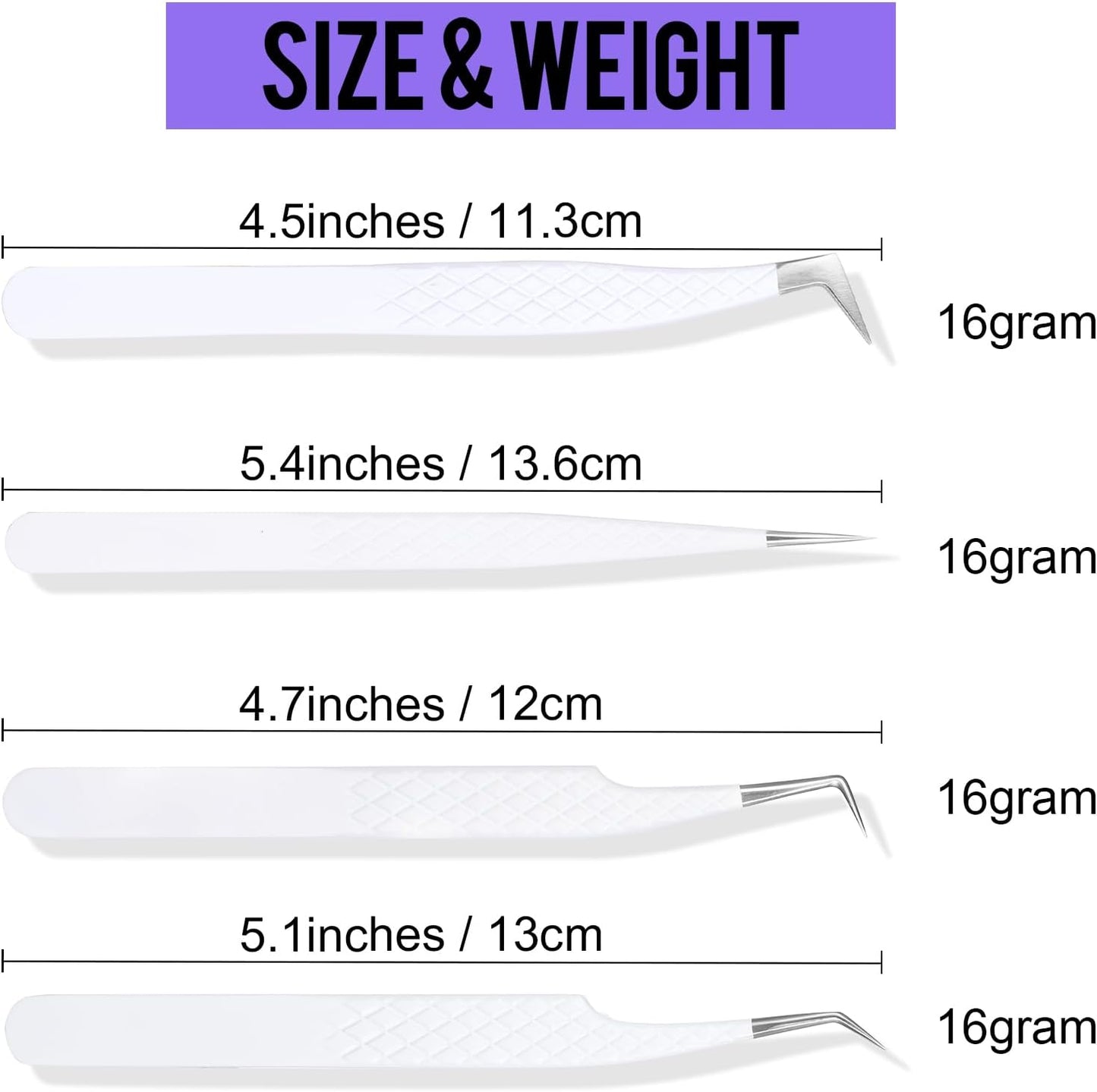 Fiber Tip Lash Tweezers For Eyelash Extension 4 Pcs Tweezers Professional Artist Tech Work Kit Tools,Best Volume Eyelash Extensions Precision 90 45 Degree(White Silver)
