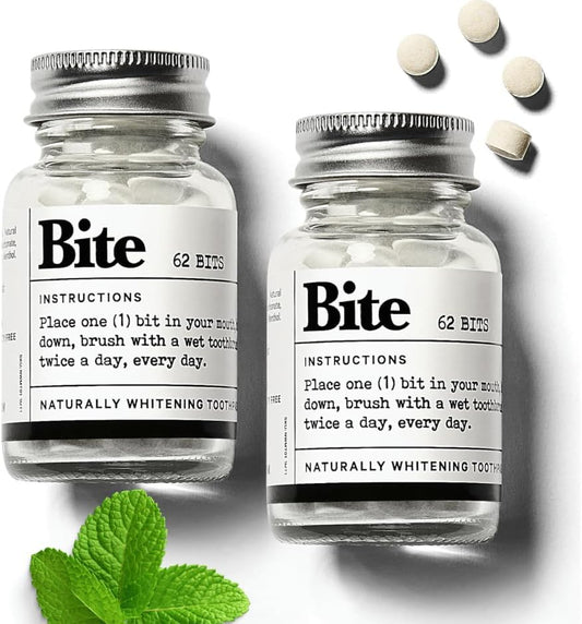 Bite Toothpaste Tablets, Xylitol & 5% Nano Hydroxyapatite Toothpaste Bits for Sensitive Teeth, Fluoride Free Tooth Whitening, Travel Size Dental Care for Adults & Kids, Made in USA, 124 Bits