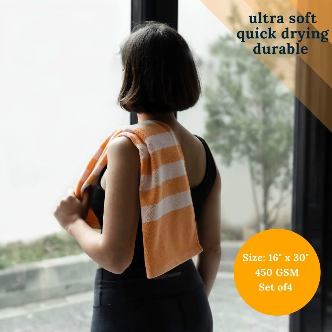 Luzia Striped Workout Towel for Sweat (Pack of 2) - Premium Quality 100% Turkish Cotton - Lightweight and Super Absorbent for Exercise, Sports, Workout, Fitness, Gym, Yoga, Running (Orange)