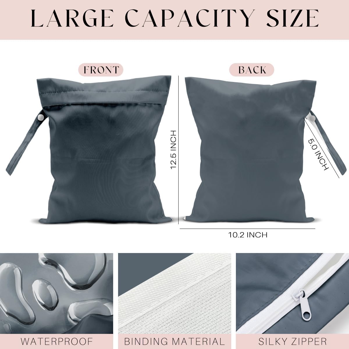 Waterproof Wet Bag for Swimsuit, Travel Beach Wet Dry Bag, Hidden Zipper Reusable Gray Wet Bags, for Travel Beach Wet Swimsuits Toiletries Diapers Dirty Gym Clothes Laundry Bag