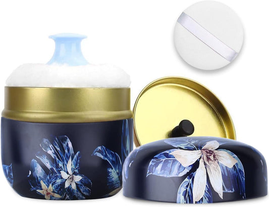 SHIMIDO Body Powder Puff and Container, 3.15" Portable Empty Body Powder Container for Baby Women's Loose Dusting Powder, Powder Case Box with Lids for Bath, Travel and Home Use (Dark Night)
