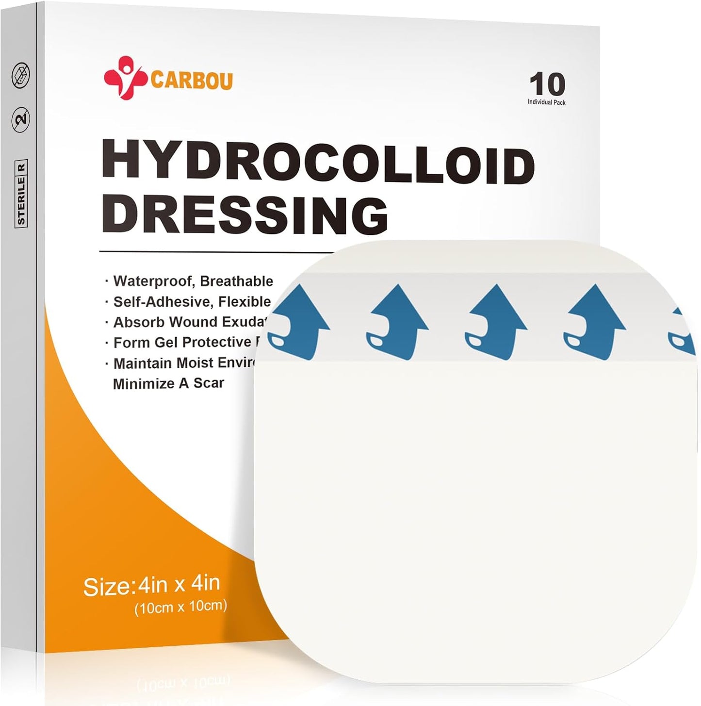 Carbou Hydrocolloid Wound Dressing 4"x4", 10 Individual Pack, Self-Adhesive Ultra Thin Hydrocolloid Bandages, Waterproof Absorbent Hydrocolloid Patch for Wound Care, Bedsore, Burn, Abrasion & Blister