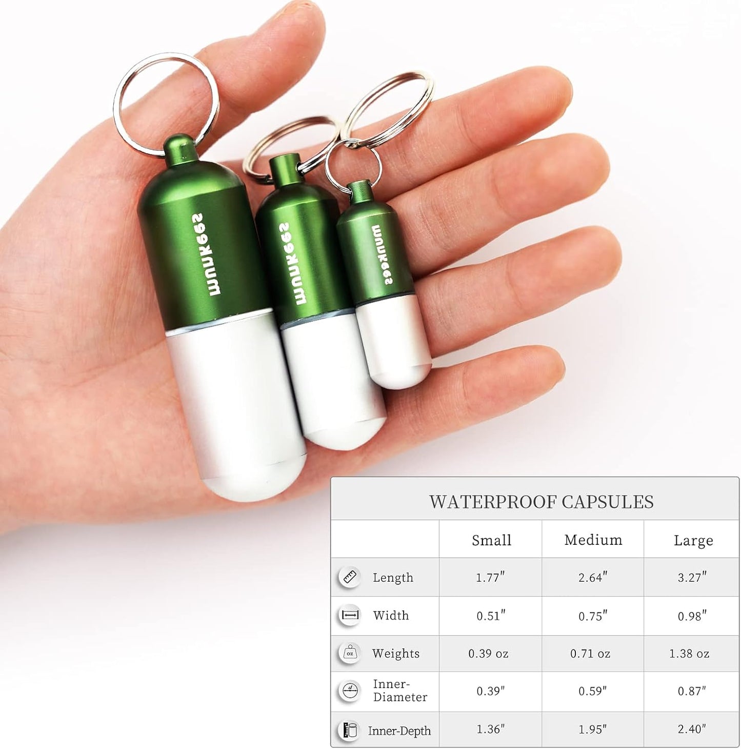 munkees Portable Pill Case Large Waterproof Capsules EDC Keychain, Travel Pill Bottle for Camping, Hiking, Backpacking, Compact Valuables Container for Outdoors 2-Pack