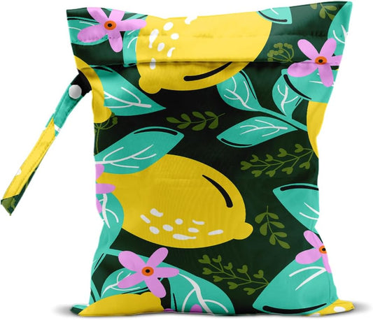 Lemon Wet Bags 12x10 Inch, Summer Flowers Waterproof Travel Laundry Bags, Washable Reusable Wet Dry Bag for Swimsuit Pool Beach Diapers Dirty Yoga Gym Clothes, Lemon Gifts for Women Friend Travelers
