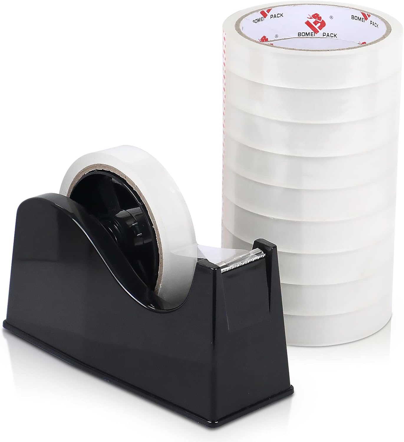 BOMEI PACK Desktop Tape Dispenser (Fits 1" & 3" Core) with Transparent Tape Refills, Clear Tape with Black Tape Holder,Weighted Non Slip Base, for Masking Tape,Heat Resistant Tape