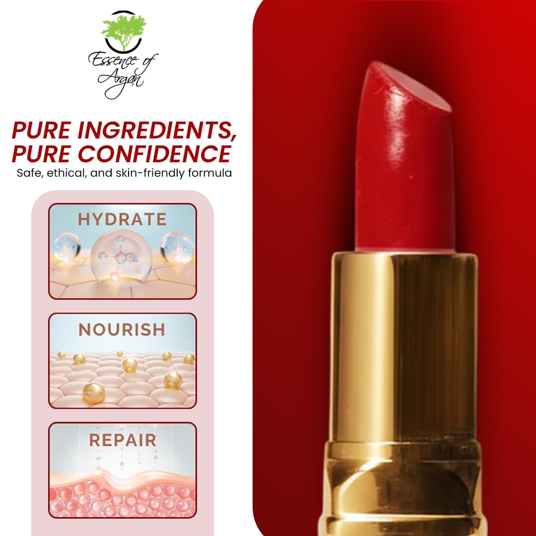 𝗘𝘀𝘀𝗲𝗻𝗰𝗲 𝗼𝗳 𝗔𝗿𝗴𝗮𝗻 Deep Moisturizing Red Lipstick, Long Lasting Lipstick & Lip Care in 1 with Pure Organic Argan Oil, Shea Butter, Jojoba Oil & Aloe Vera Hydrating, Roses R Red