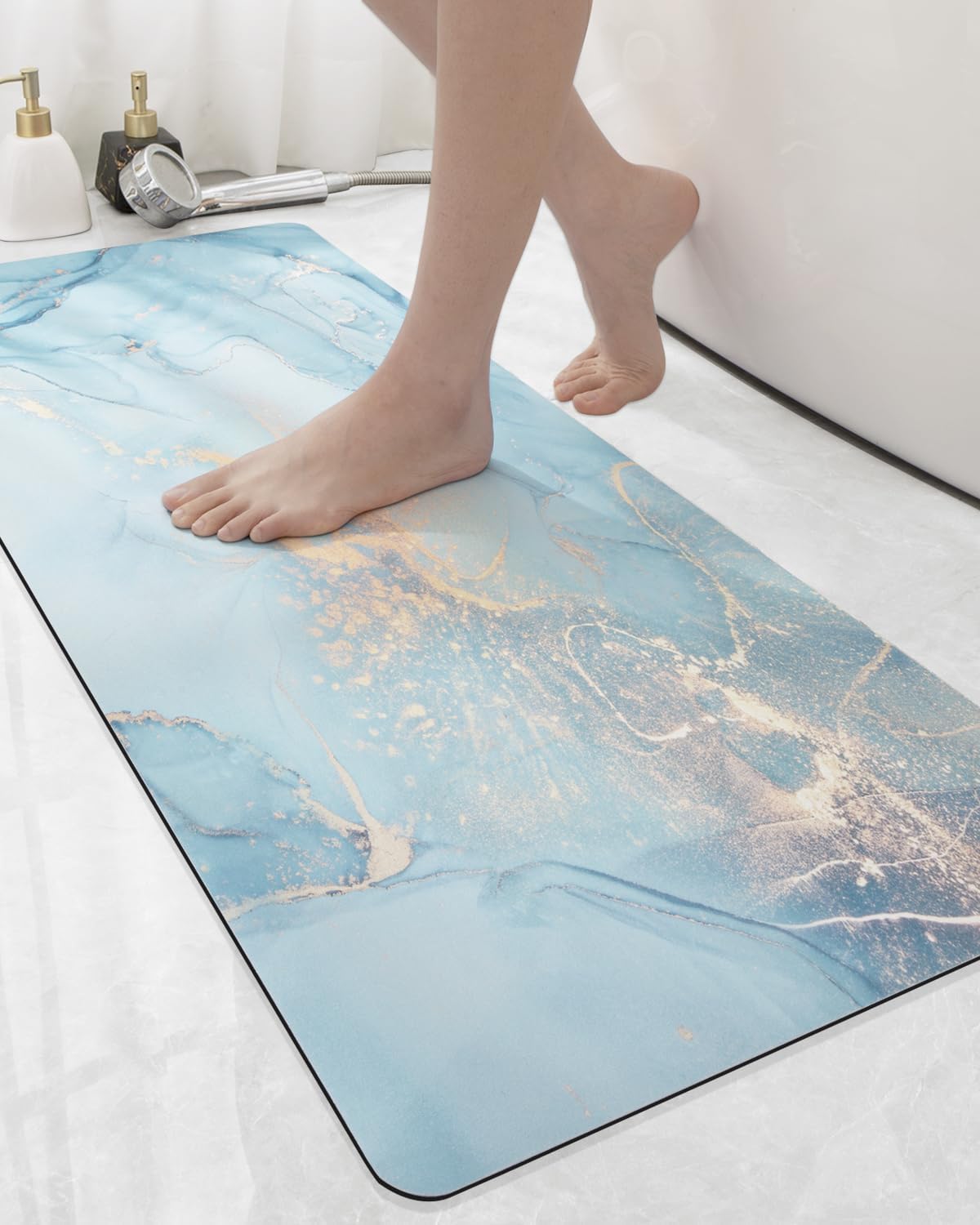 DEXI Bathroom Mat Ultra Thin, Non Slip Bath Rug for Shower Floor, Absorbent Quick Dry Marble Bathmats Low Profile, 17x43, Blue