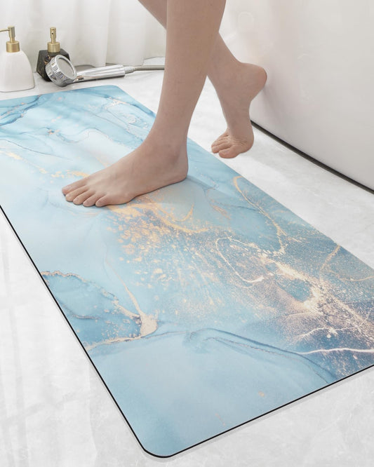 DEXI Bathroom Mat Ultra Thin, Non Slip Bath Rug for Shower Floor, Absorbent Quick Dry Marble Bathmats Low Profile, 17x43, Blue