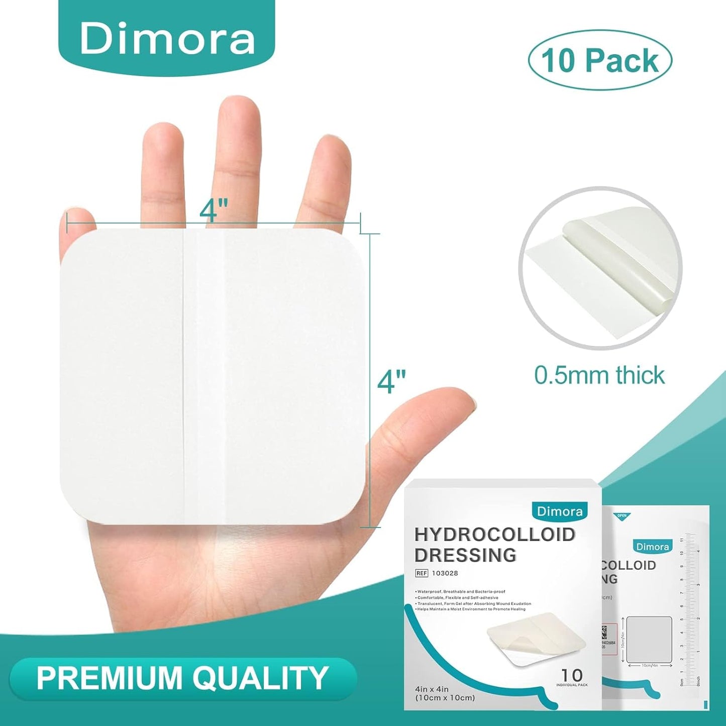 Dimora Hydrocolloid Dressing 4" x 4" for Wound Care, 10 Pcs Large Patch Bandages with Self-Adhesive for Bedsore, Burn, Blister, Acne Care, Super Absorbent for Fast Healing