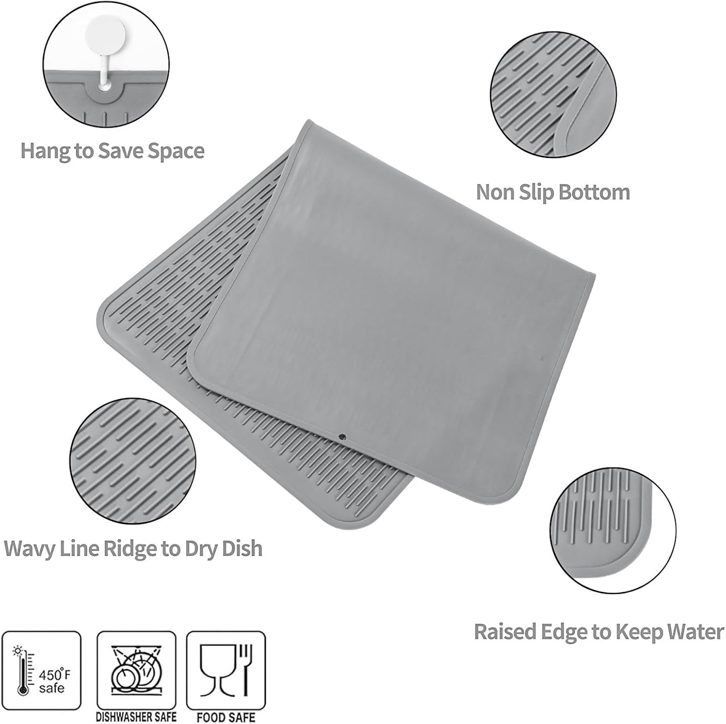 Silicone Dish Drying Mat for Multiple Usage,Easy clean,Eco-friendly,Heat-resistant Silicone Mat for Kitchen Counter or Sink,Refrigerator or Drawer Liner Grey 5XL 36inches x 18inches
