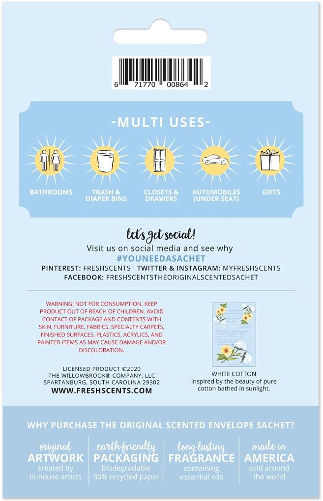 WILLOWBROOK | Fresh Scents Scented Sachet Packet | White Cotton | Air Freshener Bags for Drawers, Closets, Cars | 6 Pack | Long Lasting Home Fragrance