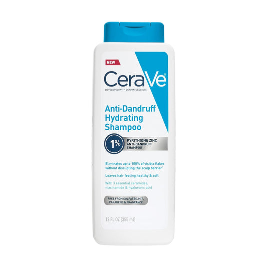 CeraVe Hydrating Anti Dandruff Shampoo, 1% Pyrithione Zinc Dandruff Treatment With Ceramides, Niacinamide & Hyaluronic Acid, Helps Eliminate Flakes & Provides Itchy Scalp Relief, Sulfate Free, 12 Oz