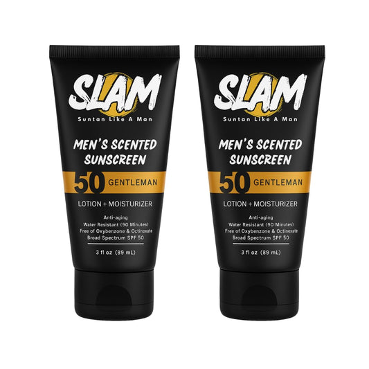 SLAM GentleMan Men's Sunscreen Lotion SPF 50 & Moisturizer – Face & Body Sunblock, Anti-Aging, Water-Resistant, Hawaii Act 104 Safe, Skincare for Men, Cologne Scented – 3 fl oz. each. Double pack.