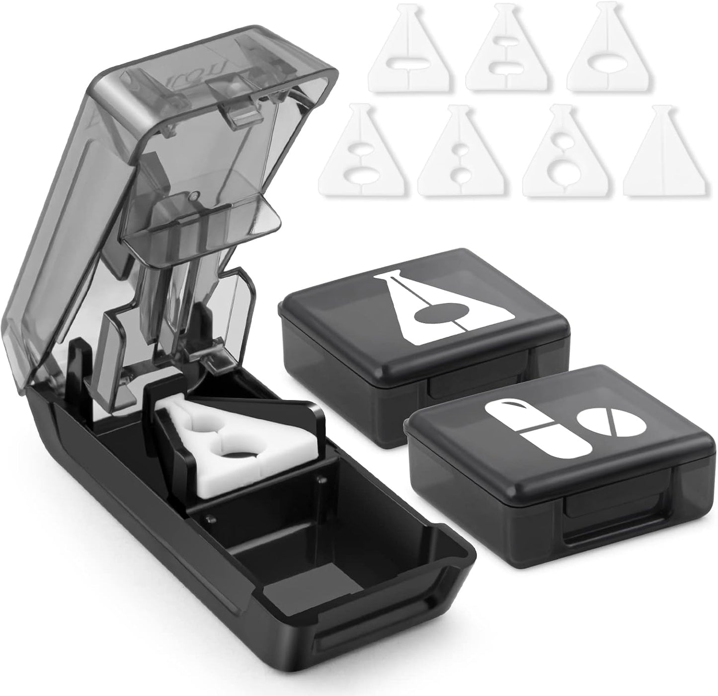 Fullicon Pill Cutter for Small or Large Pills, Pill Splitter with V-Shape Holder, Medicine Slicer with Sharp Blade,Tablet Splitter with Two Large Pill Organizers-Black